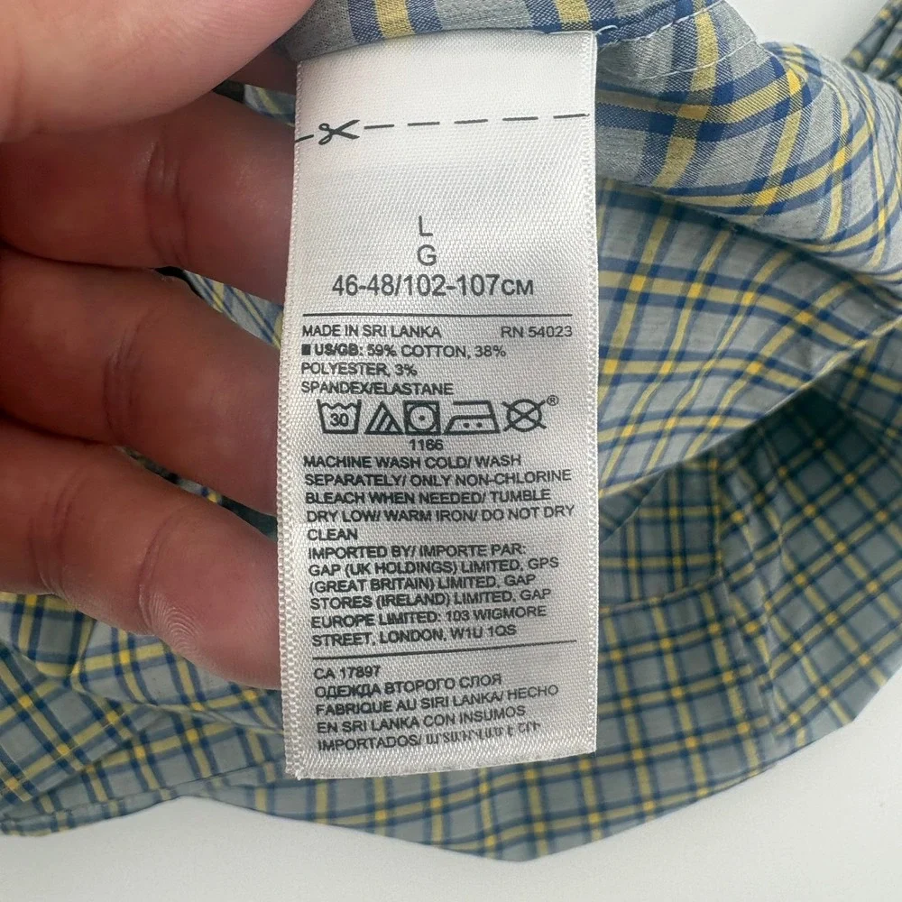 Banana Republic Mens Slim Flex Fit Tech Stretch Plaid Shirt Grey Blue Yellow L